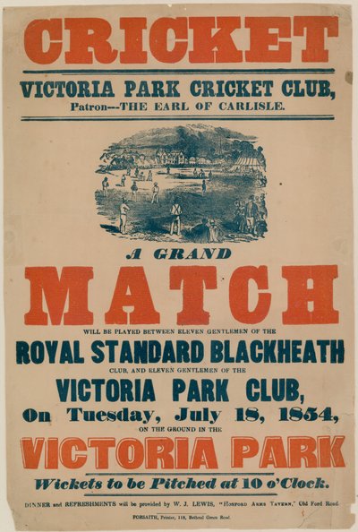 Poster che pubblicizza una partita di cricket al Victoria Park Cricket Club il 18 luglio 1854 da English School