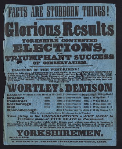 Poster che celebra la vittoria dei candidati conservatori nelle elezioni parlamentari nello Yorkshire da English School