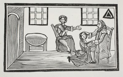 La bella Bessie riceve la benedizione del padre quando va a cercare il proprio sostentamento, illustrazione da Chap-books del XVIII secolo di John Ashton, pub. 1882 da English School