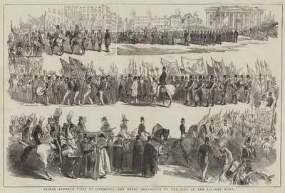 La visita del Principe Alberto a Liverpool, il grande corteo verso il sito della Casa dei Marinai (incisione) da English School