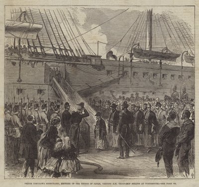 Il principe Tokugawa Minbutaiho, fratello del Tycoon del Giappone, in visita alla nave da trasporto truppe HM Serapis a Portsmouth da English School