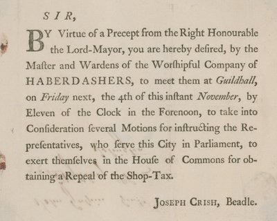 Lettera stampata da Joseph Crish, Beadle di Guildhall, Londra da English School