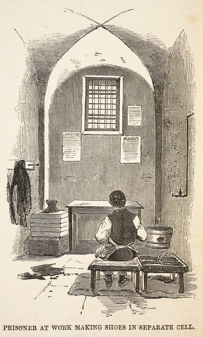 Prigioniero al lavoro a fare scarpe in cella separata, illustrazione da Le Prigioni Criminali di Londra e Scene dalla Vita Carceraria di Henry Mayhew e John Binny, pub. 1862 da English School