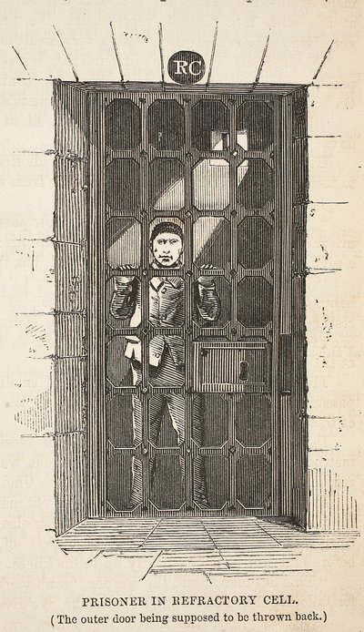 Prigioniero nella cella di isolamento (la porta esterna si suppone sia aperta), illustrazione da Le Prigioni Criminali di Londra e Scene dalla Vita Carceraria di Henry Mayhew e John Binny, pub. 1862 da English School