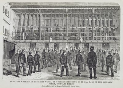 Prigionieri che lavorano alla ruota da calpestio e altri che si esercitano nel 3° cortile della prigione dei vagabondi, Coldbath Fields, da The Criminal Prisons of London and Scenes of Prison Life di Henry Mayhew da English School