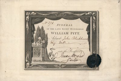 Biglietto di ammissione alla processione per il funerale di William Pitt da English School