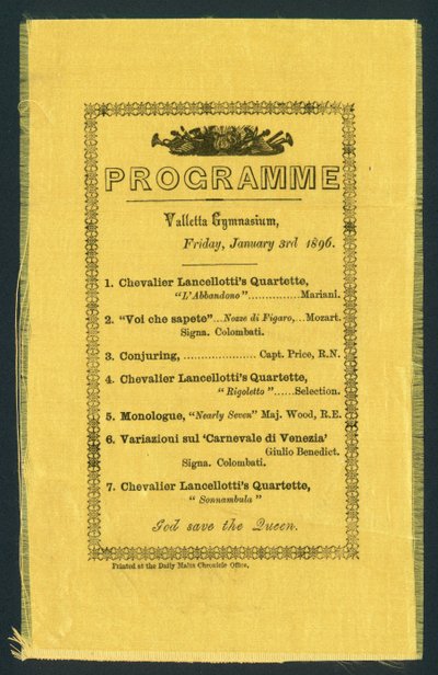 Programma per la Valletta Gymnasium, 3 gennaio 1896 da English School