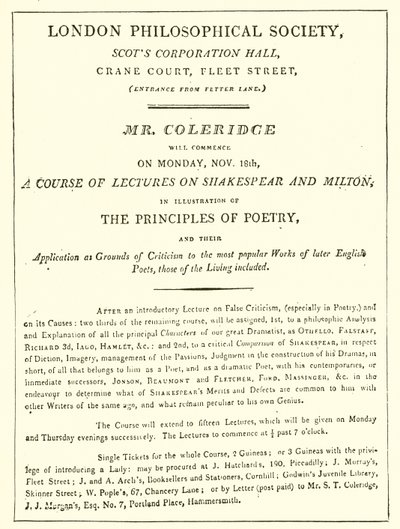 Programma delle lezioni di Coleridge del 1808 da English School