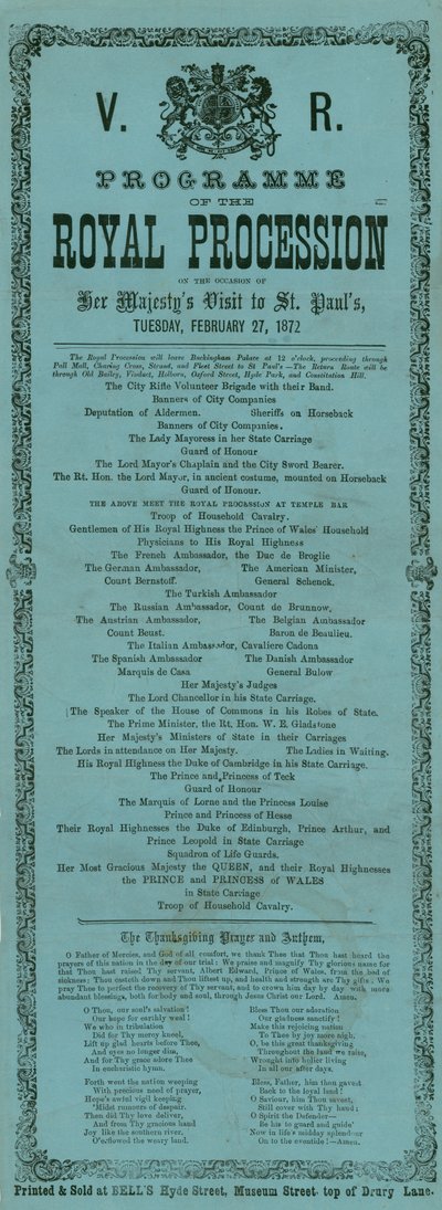 Programma della Processione Reale in occasione della visita di Sua Maestà alla Cattedrale di St Paul, Londra, 27 febbraio 1872 da English School