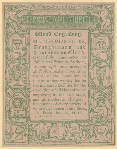 Carta promozionale per Thomas Gilks, disegnatore e incisore su legno da English School