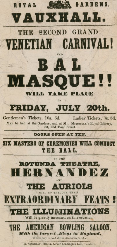 Volantino promozionale per il Secondo Grande Carnevale Veneziano e Bal Masque ai Giardini Reali, Vauxhall, Londra da English School