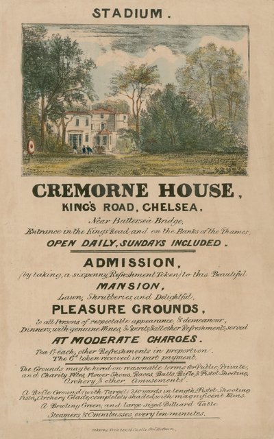 Volantino promozionale per lo Stadio, Cremorne House, Kings Road, Chelsea, Londra da English School