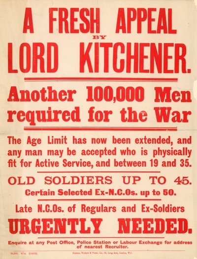 Poster promozionale che invita 100.000 uomini a volontariarsi per il servizio nella guerra da English School