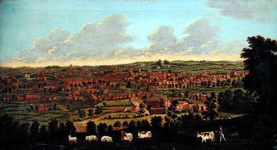 Prospetto di una città, con bestiame e pastori in primo piano da English School
