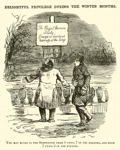 Vignetta di Punch: Nuotare nel Serpentine, Hyde Park, Londra da English School
