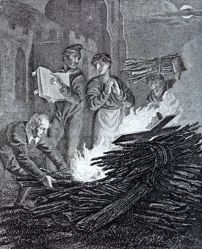 Iconoclasti puritani che bruciano un crocifisso preso da una chiesa sulla strada per Norwich, Norfolk da English School