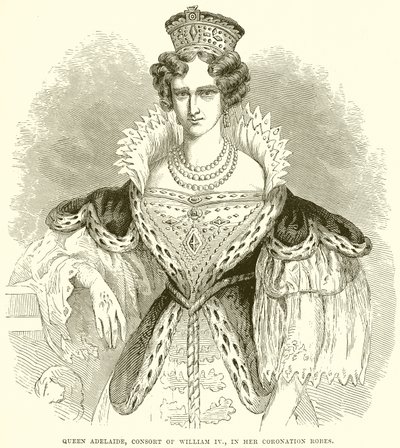 Regina Adelaide, consorte di Guglielmo IV, nei suoi abiti di incoronazione da English School