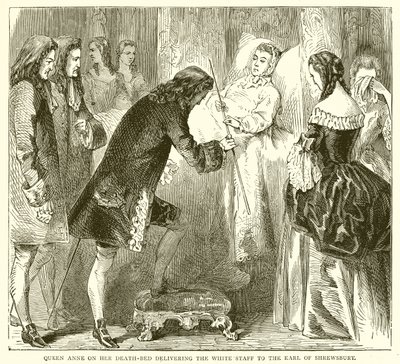 La regina Anna sul letto di morte consegna il bastone bianco al conte di Shrewsbury da English School