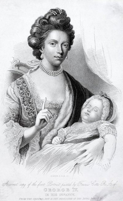 Regina Carlotta, consorte di Re Giorgio III, con il loro figlio neonato, il futuro Principe Reggente e Re Giorgio IV da English School