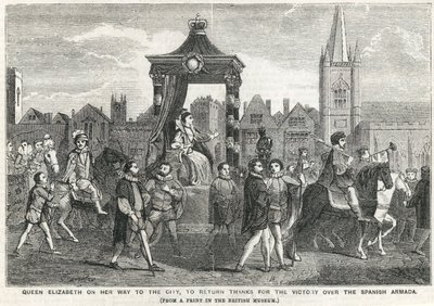 La Regina Elisabetta I in viaggio verso la città per ringraziare per la vittoria sull
