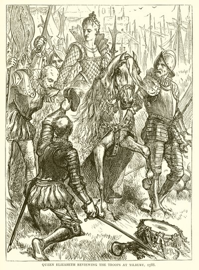 La regina Elisabetta passa in rassegna le truppe a Tilbury, 1588 da English School