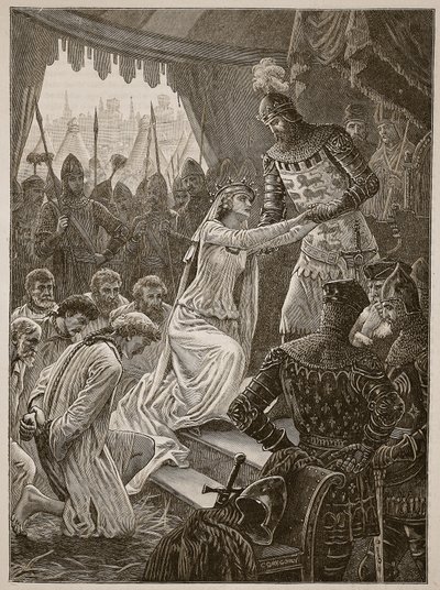La regina Filippa intercede per i borghesi di Calais, illustrazione da Cassells Illustrated History of England da English School