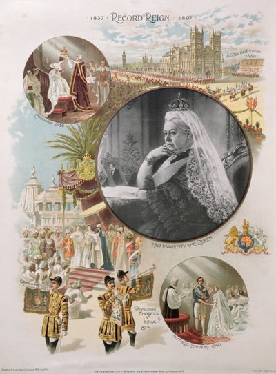 Regina Vittoria (1819-1901) raffigurata al tempo del suo Giubileo di Diamante nel 1897 insieme ad alcuni degli eventi principali della sua vita, 1897 da English School