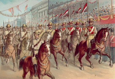 Giubileo di diamante della regina Vittoria 1897, i fucilieri vittoriani e i lancieri del Nuovo Galles del Sud passano per Pall Mall da English School
