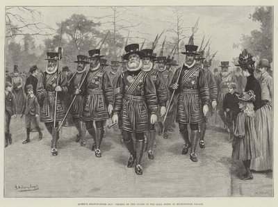 Giorno del Ricevimento della Regina, Yeomen della Guardia nel Mall in Direzione di Buckingham Palace da English School