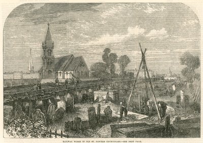 Lavori ferroviari nel cimitero della Vecchia Chiesa di St Pancras, Londra da English School