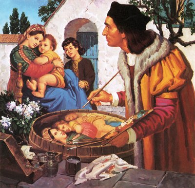 Raffaello dipinge la Madonna col Bambino sopra una botte di vino da English School