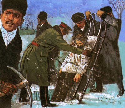 Il corpo di Rasputin calato attraverso un buco nel ghiaccio da English School