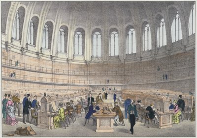 Sala di lettura nel British Museum, Londra (incisione colorata) da English School