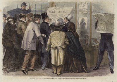 Lettura delle notizie di guerra a Broadway, New York da English School