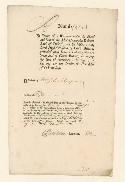 Ricevuta per la Lotteria della Lista Civile del 1713 da English School