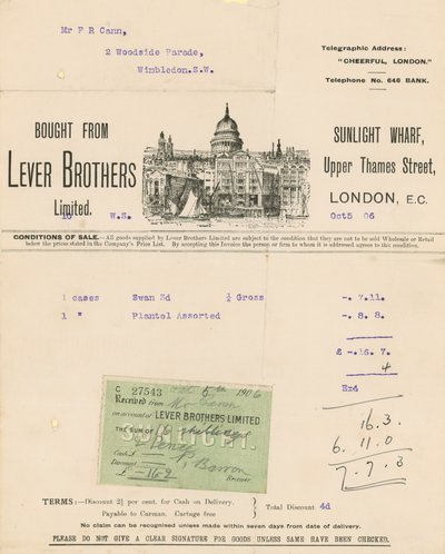 Ricevuta per Lever Brothers Limited da English School