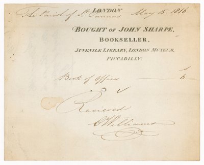 Ricevuta da John Sharpe, libraio, Biblioteca Giovanile, Museo di Londra, Piccadilly, Londra da English School