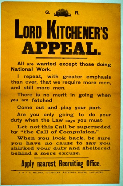 Poster di Reclutamento - Appello di Lord Kitchener, 1914-18 da English School