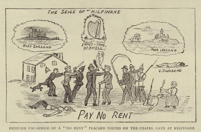 Fac-simile ridotto di un cartello "No Rent" affisso sul cancello della cappella a Kilfinane da English School