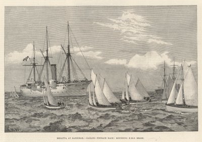 Regata a Zanzibar, Gara di Pinnace a Vela, girando intorno alla HMS Brisk (incisione) da English School