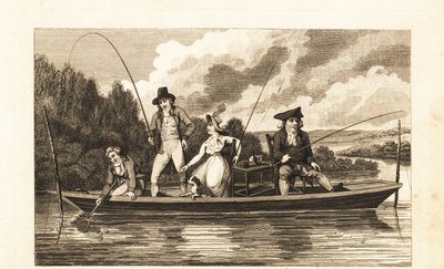 Gentiluomini e signora del periodo Regency che pescano su una barca sul fiume Tamigi da English School