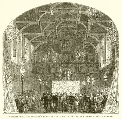 Rappresentazione delle opere di Shakespeare nella sala del Middle Temple, XVI secolo da English School