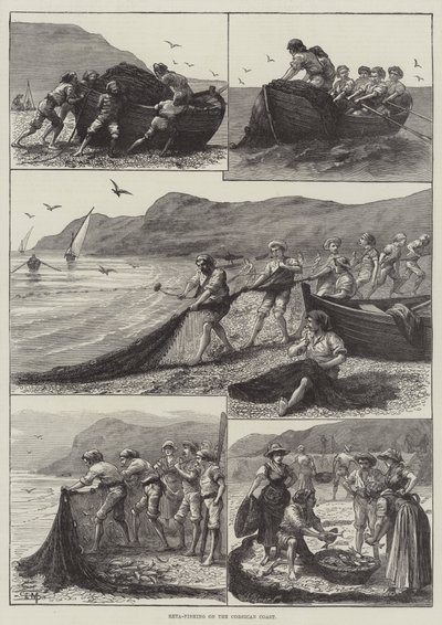 Pesca alla reta sulla costa corsa (incisione) da English School