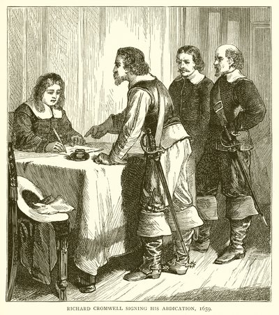 Richard Cromwell firma la sua abdicazione, 1659 da English School