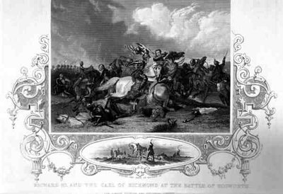 Riccardo III e il conte di Richmond alla battaglia di Bosworth da English School