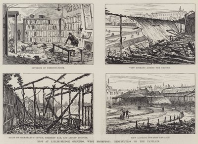 Rivolta ai Giardini di Lillie-Bridge, West Brompton, Distruzione del Padiglione (incisione) da English School