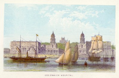 Fiume Tamigi: Ospedale di Greenwich (incisione colorata) da English School