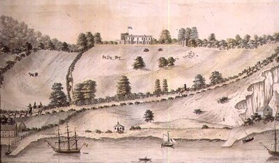 Paesaggio fluviale con navi e la carrozza di Dover, c.1800 (penna e lavaggio) da English School