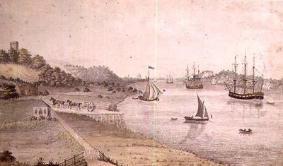 Paesaggio fluviale con navi e la carrozza di Dover, c.1800 da English School