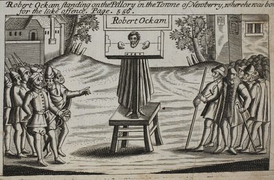 Robert Ockam sul palco nella città di Newberry, dove è nato, illustrazione da Atti e Monumenti di John Foxe, nona edizione, pub. 1684 da English School